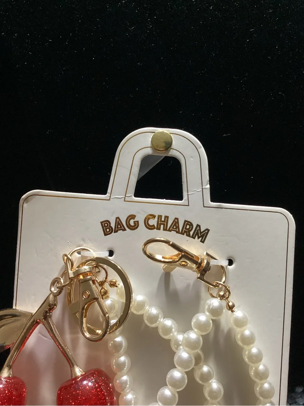 Pearl Loop Key & Red Cherry Bag Charm with Gold Accents
